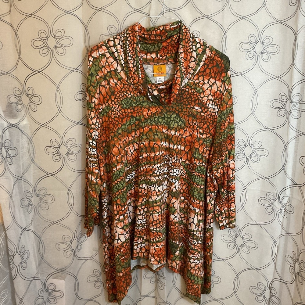 Women's Ruby Rd. Orange Green Geometric Top 3/4 Sleeve Cowl Neck Size 3X